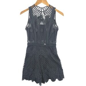 Alexis Women's XS Floral Lace Sleeveless Romper Black High Neck Scalloped